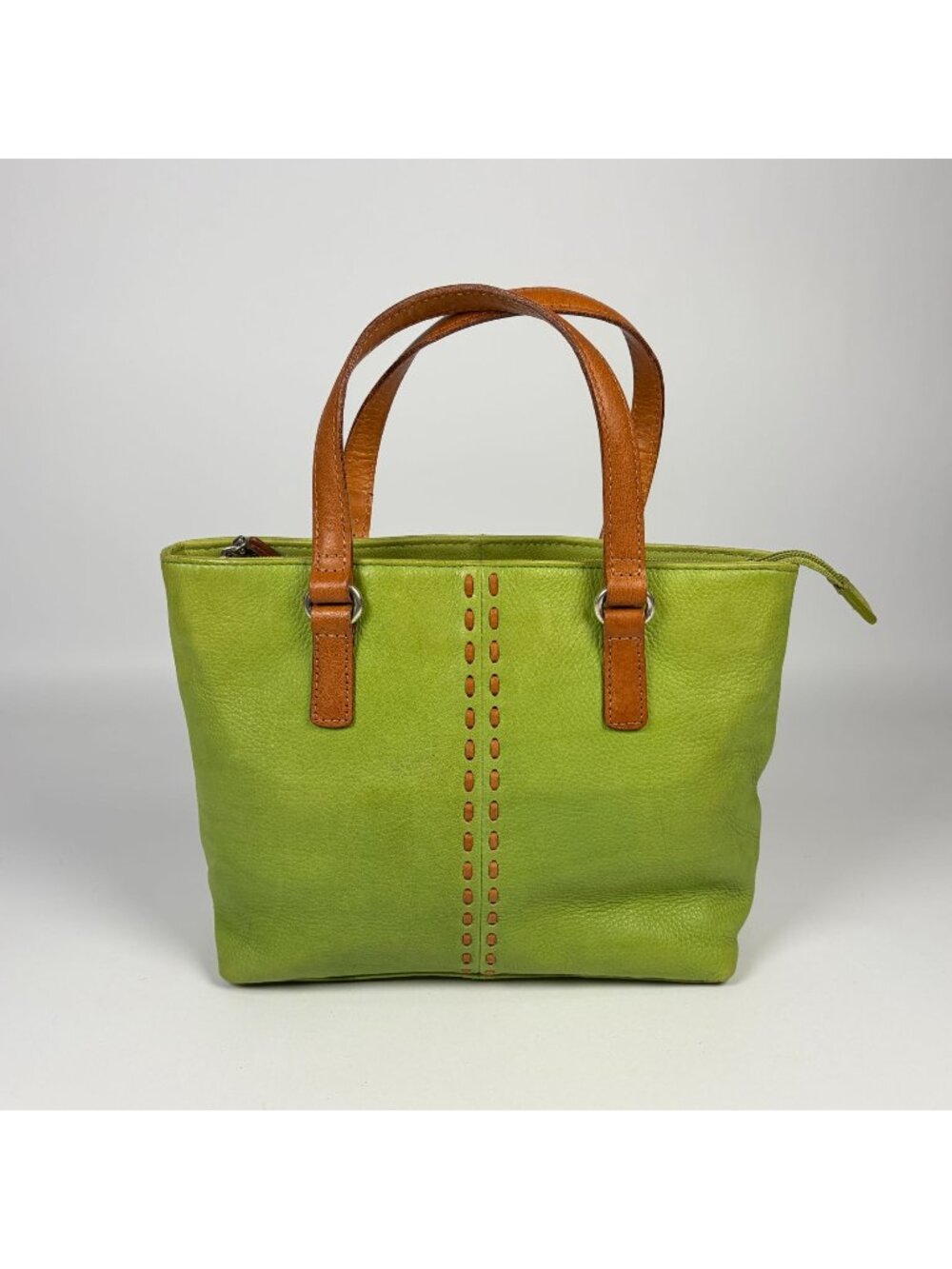Fossil Genuine Leather Green Handbag Purse Shoulder Bag Brown Handles Vintage